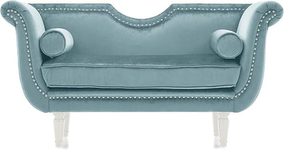 Christopher Knight Home Aurora Velvet Chaise Lounge Indoor with 2 Bolster Pillows, Upholstery Entryway Bench with Nailhead Trim & Curved Arms, End of Bed Bench Ottoman and Wooden Legs, Light Blue