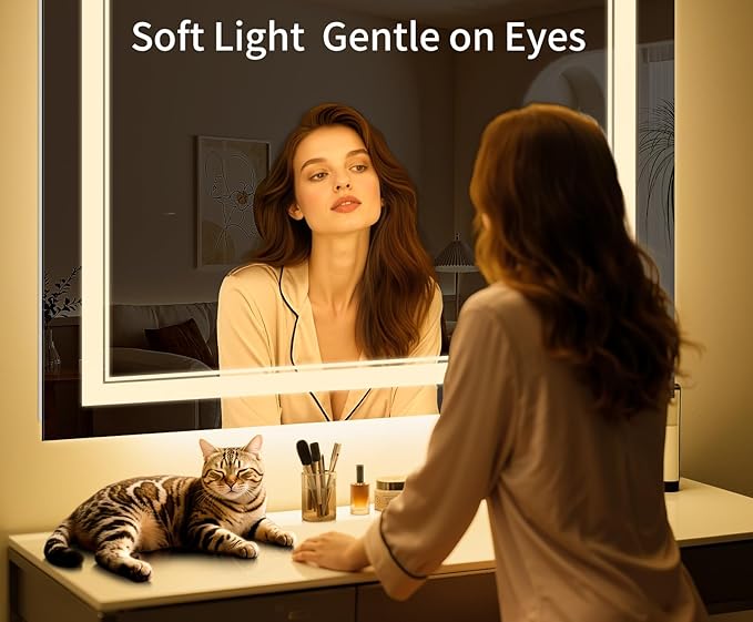 36"x24" LED Bathroom Mirror with Anti-Fog, Stepless Dimmable Lights, 3 Color Modes, Shatter-Proof Tempered Glass, Memory Function & Waterproof Design