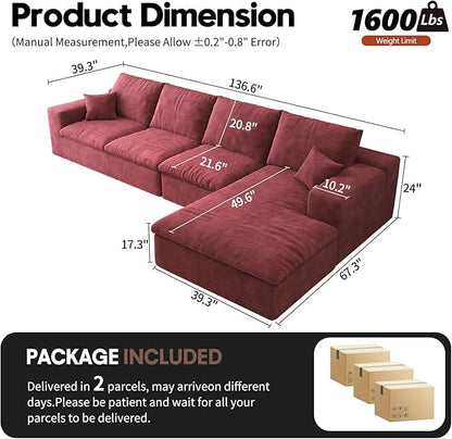 136.6'' L-Shaped Modern Modular Sectional Cloud Couch, 4-Seat Chenille Deep-Seat Sofa with Pillow for Living Room, Bedroom, Apartment, Wine Red