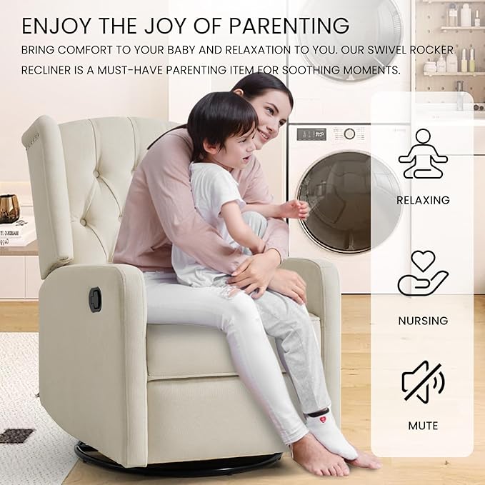 360 Swivel Rocker Recliner Chair for Adults, Nursery Chair for Small Spaces Living Room, Upholstered Fabric Glider Recliner, Lvory