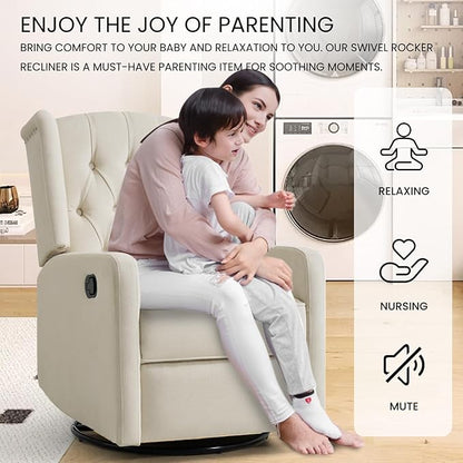 360 Swivel Rocker Recliner Chair for Adults, Nursery Chair for Small Spaces Living Room, Upholstered Fabric Glider Recliner, Lvory