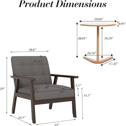 KCC Mid-Century Modern Linen Fabric Accent Chair, Upholstered Leisure Chair Comfy Reading Side Chair with Armrest and Solid Wood Frame for Living Room Bedroom Balcony(Gray)