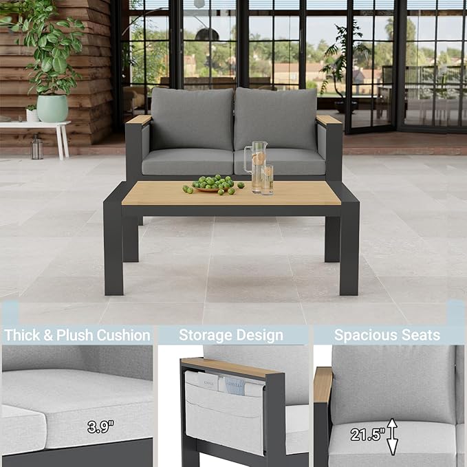 Corinth 2-Piece Aluminum Patio Conversation Set - Outdoor, Porch, Balcony, Yard, Gardern, All Weather,1 Ergonomic Design Love Sofa and 1 Coffee Table, Grey