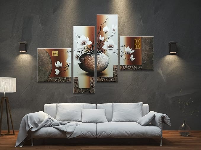 Wieco Art Large Size Decorative Elegant Flowers 4 Panels 100% Hand-painted Modern Contemporary Artwork Floral Oil Paintings on Canvas Wall Art for Home Decorations Wall Decor L