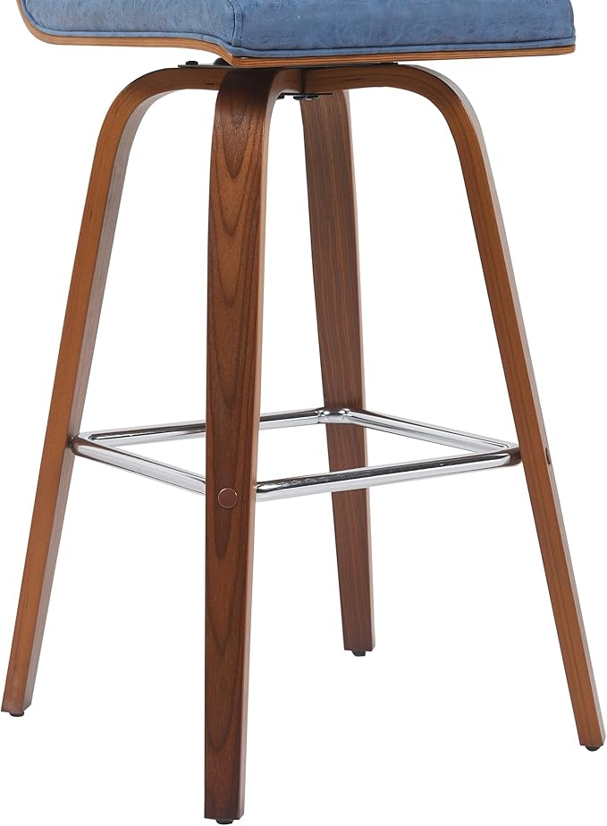 Vienna Modern Swivel Bar Height Stool with Vintage Blue Upholstered Seat and Walnut Finished Wood Frame Set of 2