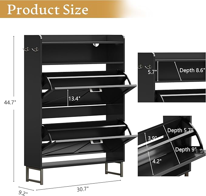 Shoe Storage Cabinet with 2 Flip Drawers, Narrow Wood Shoe Cabinet Storage for Entryway with Metal Legs & Hooks, Adjustable Shelves, Freestanding Shoe Rack Organizer for Foyer, Hallway, Black
