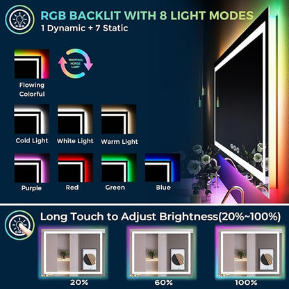 48x36 Inch RGB LED Bathroom Mirror Front Light and RGB Backlit Lighted Vanity Mirror for Bathroom Wall Mounted Dimmable Anti Fog Memory Shatter-Proof IP54 Waterproof Horizontal/Vertical
