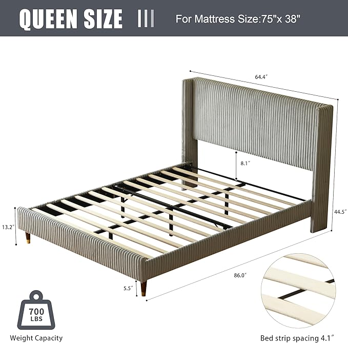 PINJU Queen Size Bed Frame, Upholstered Platform Bed with Modern Vertical Striped Wingback Headboard with Wooden Slats, Easy to Assemble No Noise Free (Grey, Queen (U.S. Standard))