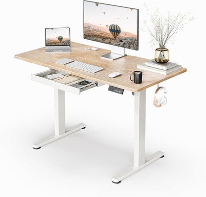 FEZIBO Electric Standing Desk with Drawers, 48 x 24 Inch Height Adjustable Desk with 3 Memory Presets, Sit Stand Up Desks for Home Office, Natural