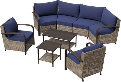 COOS BAY Aurora Terrace Half-Moon Outdoor Furniture Set, Rattan Conversation Set with Patio Chairs, Curved 4-Seat Sofa, Coffee Table & Side Table, Seats 6, Beige/Blue