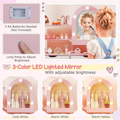 Costzon Kids Vanity with Lights, Girls Vanity Set with Mirror Cabinet, Storage Drawers, Hooks & Shelves, Toddler Makeup Vanity Desk Dressing Table, Wooden Kids Vanity Table and Chair Set (Pink)