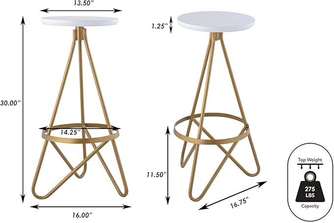 JONATHAN Y BSL1000D Spiroa 30" Modern Industrial Metal Backless Circular Bar Stool for Home, Kitchen, Dining Room, Workspaces, Cafes and Resturants, White Seat with Gold Frame