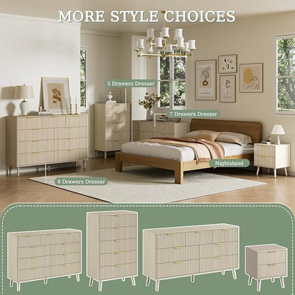 LYNSOM Fluted 9 Drawer Dresser for Bedroom, 55" Wide Modern Chest of Drawers with Curved Profile Design and Metal Handles, Wood Dresser TV Stand & Storage Organizer for Bedroom, Hallway, Beige