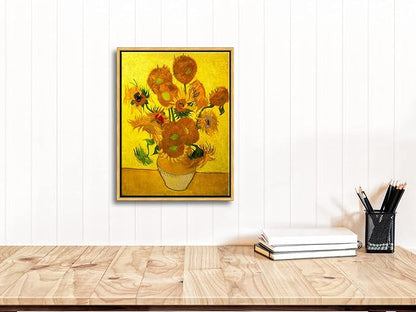 Wieco Art Framed Wall Art of Vase with Fifteen Sunflowers by Vincent Van Gogh Paintings Reproduction Abstract Canvas Prints for Home Living Room Decorations Bronze Gold Frame