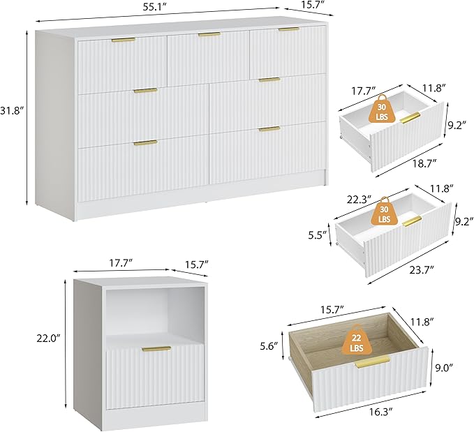 3-Piece Modern Bedroom Furniture Set, Wide 7-Drawer Dresser & 1-Drawer Nightstands Set of 2, Natural Wood Dresser and Nightstand Sets for Bedroom,Hallway, White