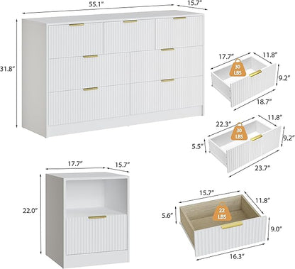 3-Piece Modern Bedroom Furniture Set, Wide 7-Drawer Dresser & 1-Drawer Nightstands Set of 2, Natural Wood Dresser and Nightstand Sets for Bedroom,Hallway, White