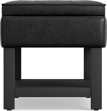 SIMPLIHOME Cosmopolitan 44 inch Wide Transitional Rectangle Storage Ottoman Bench with Open Bottom in Distressed Black Vegan Faux Leather, Assembled for the Living Room and Bedroom