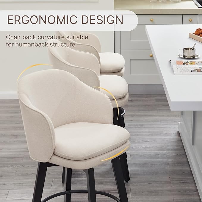 Counter Height Barstools 26 inch Upholstered Swivel Bar Stools with Back and Wood Legs for Kitchen Island,Set of 1,Beige Fabric