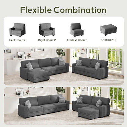 Wanderwell Oversized Modular Sectional Sofa, 6-Seater U Shaped Couches with Movable Ottoman,Corduroy Sectional Couch with Wide and Deep Seats Suitable for Living Room,Bedroom,Apartment (Grey, 2+3+OT)