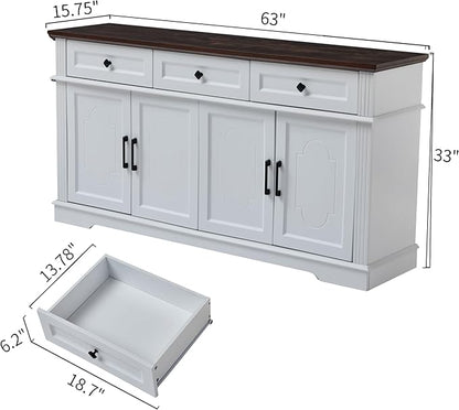 63" White Buffet Sideboard Cabinet with 4 Doors and 3 Drawers, Modern Farmhouse Kitchen Storage Cabinet, Coffee Bar Cabinet with Adjustable Shelves, Living Room Storage, Dining Room