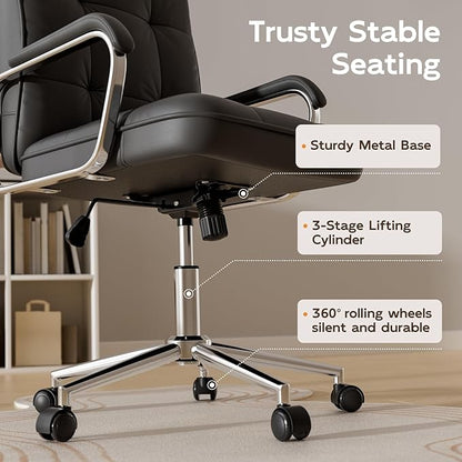 Black Leather Office Desk Chair, Swivel Computer Home Office Desk Chair with Wheels and Padded Arms, Adjustable Height and Tilt