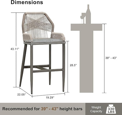PURPLE LEAF 2 Pieces Bar Stools Patio Modern Rattan Barstools Aluminum Woven Tall Bar Chairs with Cushions for Outdoor Kitchen Island Garden