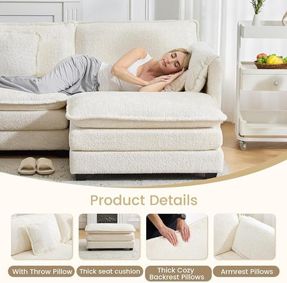 112" Modular Sectional Sofa with Movable Ottoman, L Shaped Couches for Living Room, 3 Seater Comfy Cloud Couch with Removable Cover, Armrest Pillow (Beige)