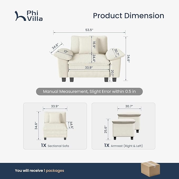 PHI VILLA Cloud Oversized Sectional Sofas, Single Sofa with Deep Seat for Living Room Reading Nook, Chenille Corduroy Dual Fabric, Beige