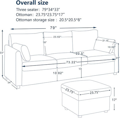 79" Small Couches with Storage Ottoman 3 Seat L Shaped Couch Sectional Sofa with Chaise Lounge for Apartment,Dorm,Bonus Room,Compact Spaces. (Beige, 3+OTT)