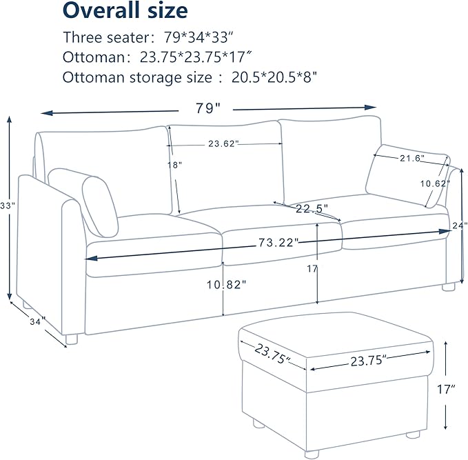 79" Small Couches with Storage Ottoman 3 Seat L Shaped Couch Sectional Sofa with Chaise Lounge for Apartment,Dorm,Bonus Room,Compact Spaces. (Grey, 3+OTT)
