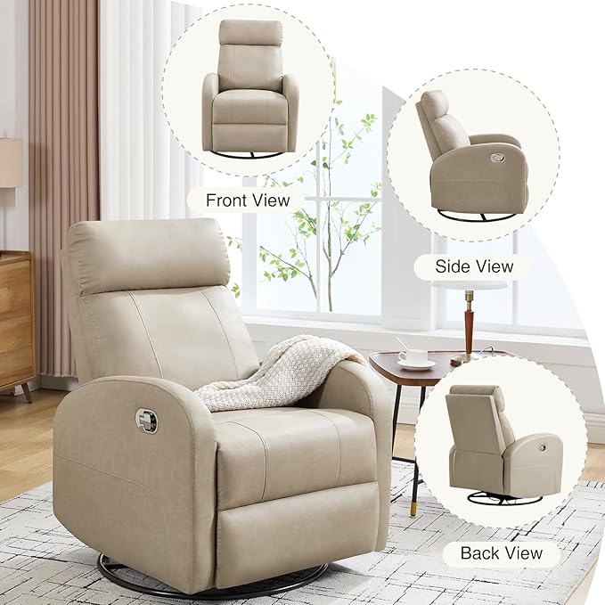 Swivel Rocker Recliner Chair, Manual Leather Recliner, Glider Rocking Recliners 360°Swivel Nursery Reclining Chairs for Living Room, Khaki