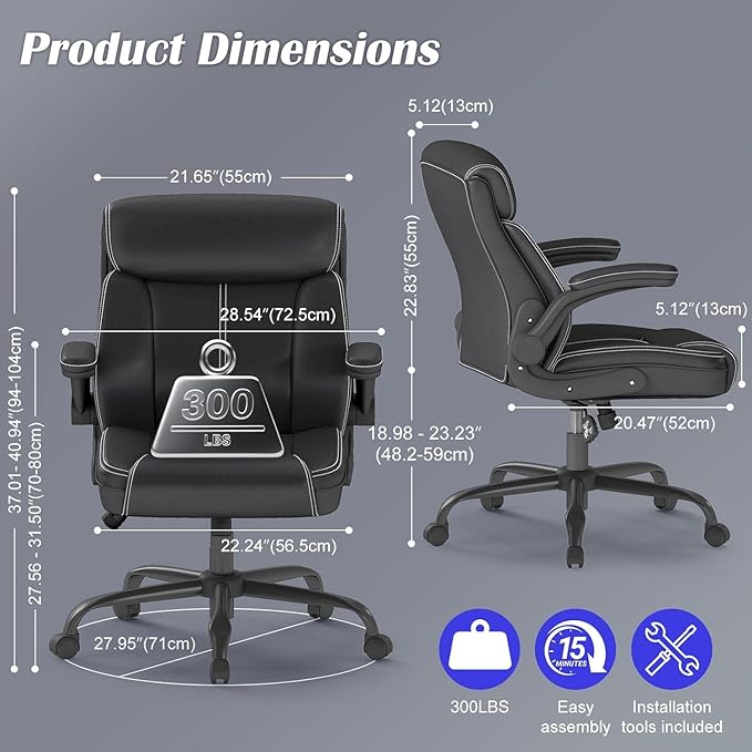 AnyGod Executive Leather Office Chair, Ergonomic Home Office Desk Chair with Flip-up Armrests, Lumbar Support, Adjustable Height, Mid-Back with Rocking Function for Executives