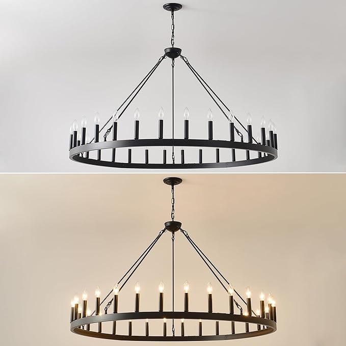 53 Inch Large Black Wagon Wheel Chandelier 30-Light Farmhouse Wagon Wheel Chandeliers Round Industrial Ceiling Light fixtures for Outdoor Porch high Ceilings Living Dining Room Foyer Entryway
