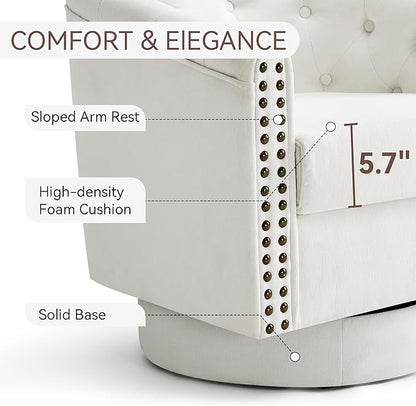 Swivel Barrel Accent Chair,Round Nailhead Chenille Fabric Living Room Arm Chairs,Modern Upholstered Comfty Reading Nook Chairs for Bedroom,Small Club Armchair,Single Sofa Side Chair,Ivory White