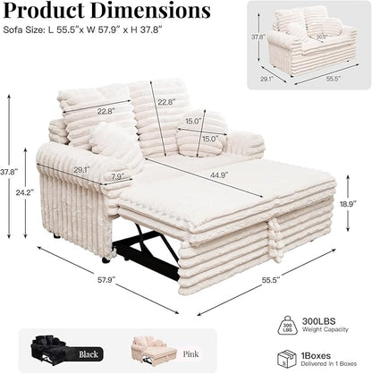 Belffin Upholstered Chaise Lounge Pull Out Sofa Bed with Pillows Couch Bed Sofa Pull Out Couch Sleeper Chair with Rolled Armrests for Living Room Plush Corduroy (White)