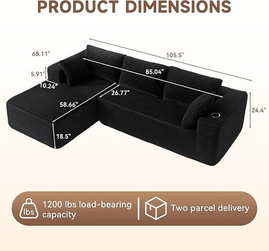 106" Cloud Couch Corduroy Modular Sectional Sofa L-Shape Boneless Couch with Wide Armrests and Cup Holders for Living Room Bedroom, No Assembly Required (Black)