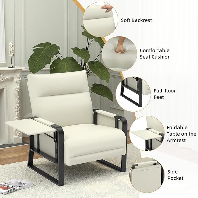 Faux Leather Accent Chair with Flip Up Tray Table Soft Backrest Side Pocket for Living Room Office Bedroom Leather Accent Chair, Beige