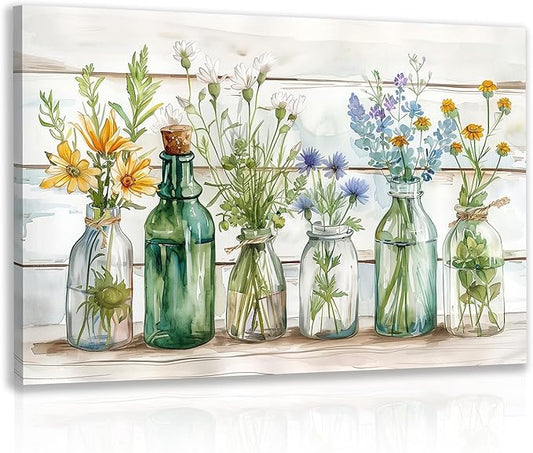 HLXRAE Green Bathroom Wall Art, Vintage Rustic Farmhouse Wall Decor, Watercolor Floral Canvas Painting, Sage Green Plant Aesthetic Picture for Bathroom Laundry Room Decor 16x24 inch