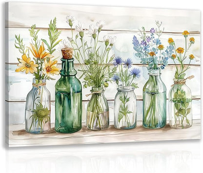HLXRAE Green Bathroom Wall Art, Vintage Rustic Farmhouse Wall Decor, Watercolor Floral Canvas Painting, Sage Green Plant Aesthetic Picture for Bathroom Laundry Room Decor 12x16 inch