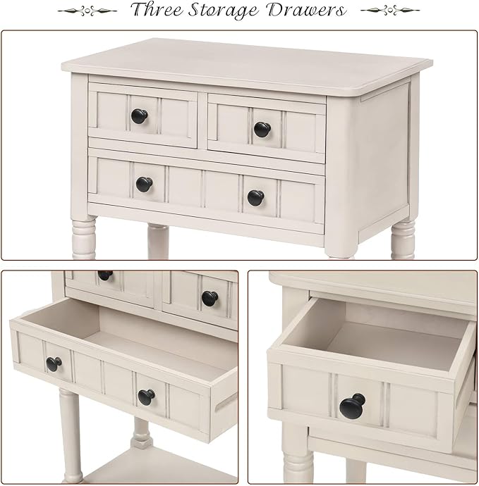 Knocbel Slim Antique Entry Console Table with Drawers & Bottom Open Shelf, Solid Wood Sofa Couch Table for Entryway Hallway Living Room (Ivory White)