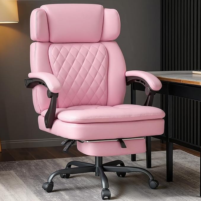 400lbs Office Chair with Foot Rest, Ergonomic Big and Tall Office Chair with Adjustable Headrest, High Back PU Leather Computer Chair,Comfy Heavy Duty Office Desk Chair (Classic Pink)