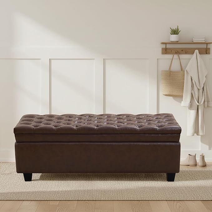 50" Faux Leather Storage Ottoman Bench, Rectangular End of Bed Storage Bench, Upholstered Large Tufted Ottoman with Storage for Living Room, Bedroom, Entryway,Dark Brown