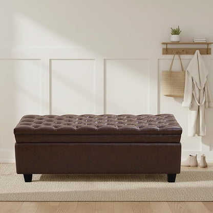 50" Faux Leather Storage Ottoman Bench, Rectangular End of Bed Storage Bench, Upholstered Large Tufted Ottoman with Storage for Living Room, Bedroom, Entryway,Dark Brown