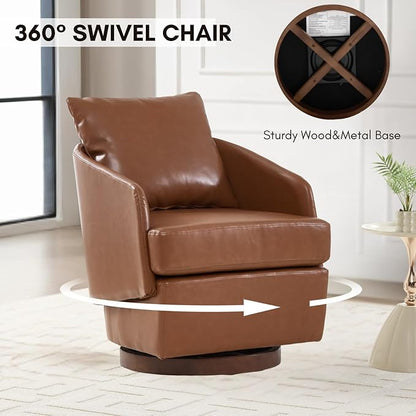 CIMOTA PU Leather Swivel Accent Chair, Modern Barrel Armchair with 360° Swivel Base and Pillow, Upholstered Club Chair for Living Room/Reading/Office, Brown