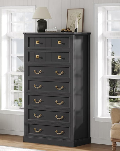 AOGLLATI Farmhouse Dresser with 7 Drawers, 58.7”Tall Wooden Chest of Drawers with Natural Texture, Vintage Design, Black Dresser for Bedroom, Black