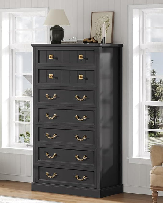 AOGLLATI Farmhouse Dresser with 7 Drawers, 58.7”Tall Wooden Chest of Drawers with Natural Texture, Vintage Design, Black Dresser for Bedroom, Black