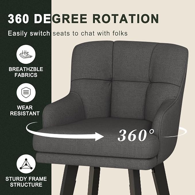 360°Swivel Counter Height Bar Stools with Back, 26 inch Solid Wood Legs, Bar Stool Modern Kitchen Island Chairs, Fabric (Black Grey- Fabric, 26" H- Set of 6)