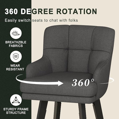 360°Swivel Counter Height Bar Stools with Back, 26 inch Solid Wood Legs, Bar Stool Modern Kitchen Island Chairs, Fabric (Black Grey- Fabric, 26" H- Set of 4)