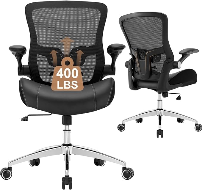 Big and Tall Office Chair 400lbs, Heavy Duty Ergonomic Computer Desk Chair, Leather Office Task Chair for Heavy People with Wide 3D Modeling Foam Seat, Adjustable Lumbar Support and Arms