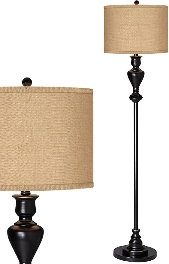 Possini Euro Design Country Cottage Floor Lamp Standing 58" Tall Black Bronze Metal Soft Gold Edging Real Woven Burlap Fabric Drum Shade for Living Room Reading Bedroom Office House Home Decor
